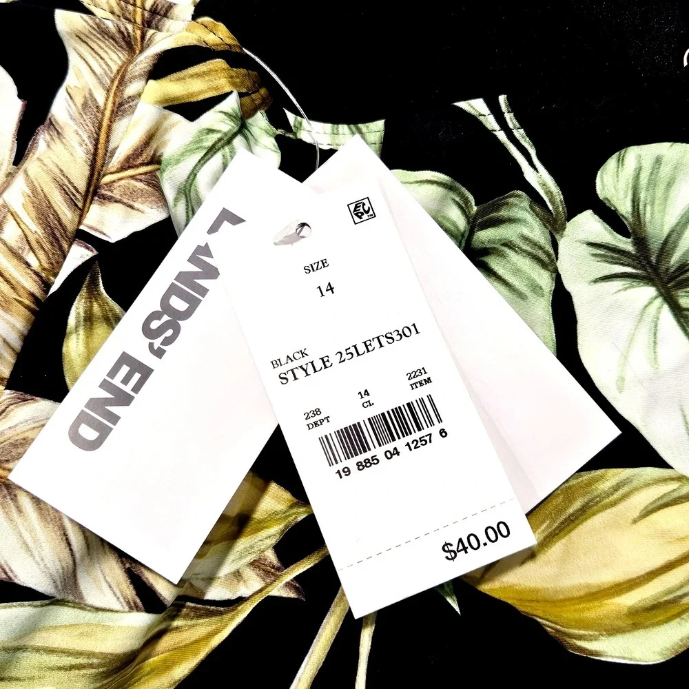 NWT Lands End Women's Size 14 Tankini Top Black w/Tropical Leaf Pattern UPF 50